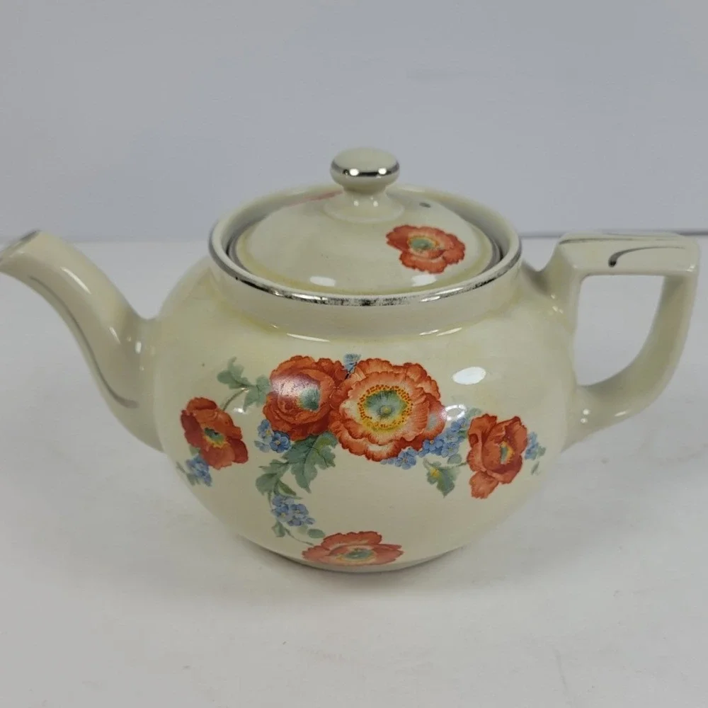Vintage 1930s Hall China Poppy Teapot Cream Orange Flowers Platinum Trim USA